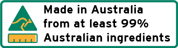 Logo with text 'Made in Australia from at least 99% Australian ingredients' on a green background