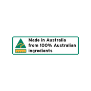 Logo with text 'Made in Australia from 100% Australian ingredients' on a white background