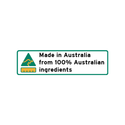 Logo with text 'Made in Australia from 100% Australian ingredients' on a white background